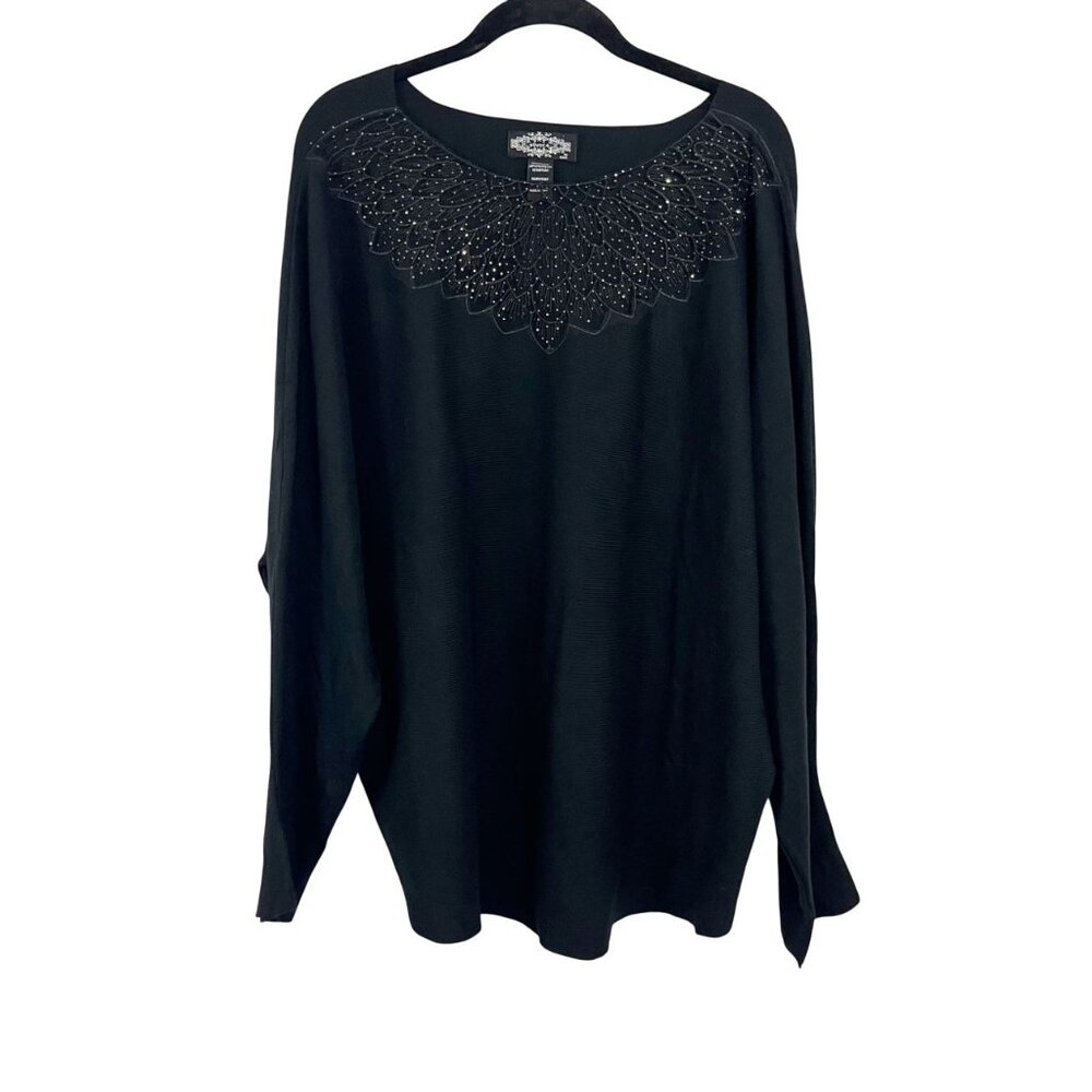 Oliver O by Escio Black Ribbed Knit Sweater Top Rhinestone -‎ Size 2X